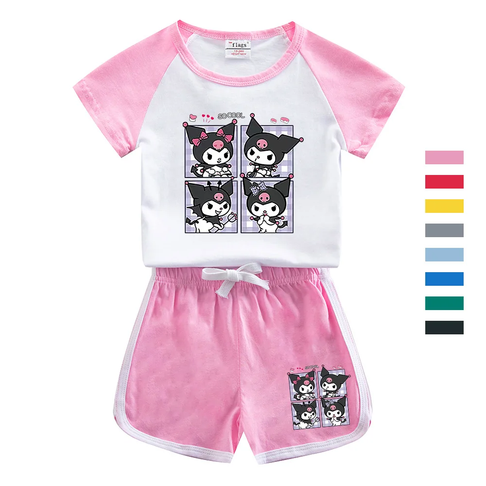 Traje Kawaii Sanrios Kuromi para niños y niñas, camiseta de dibujos animados de algodón, pantalones cortos de manga corta, conjunto de dos piezas, Tops de moda, regalo