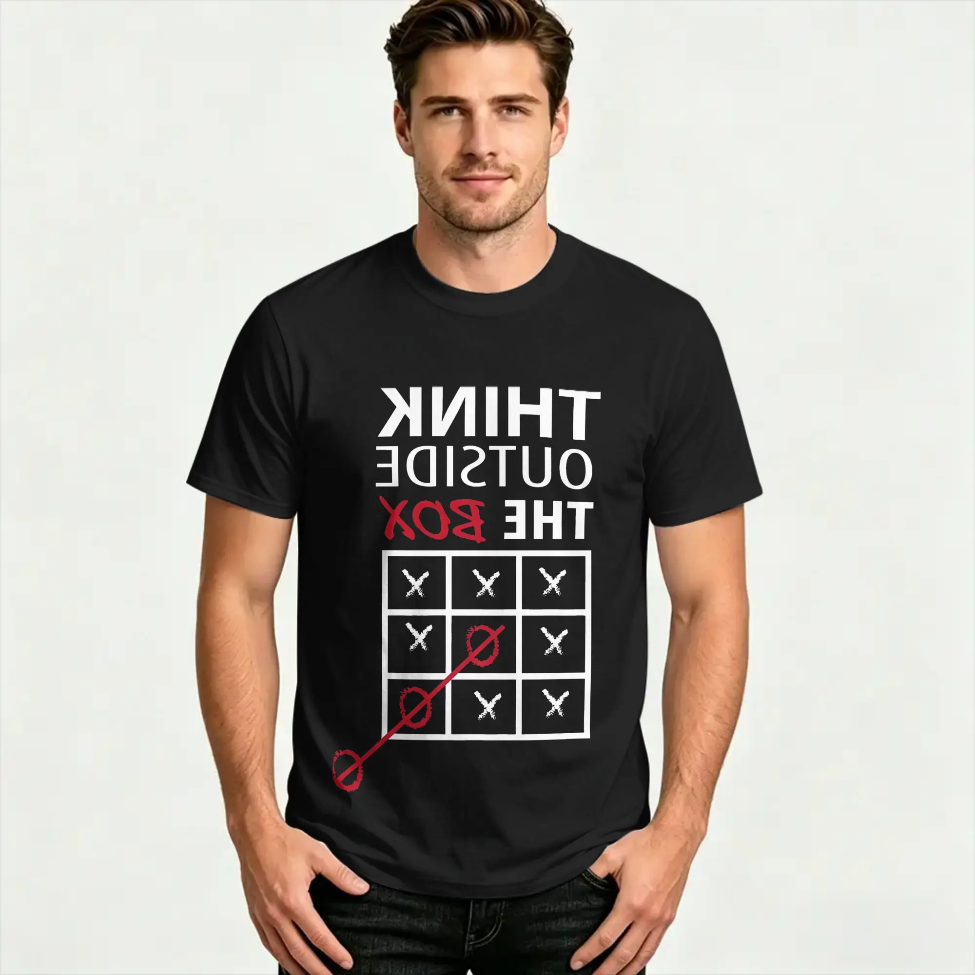 Casual Think Outside the Box Tic-Tac-Toe Tshirt Men's Round Neck Short Sleeve Clothes  Cotton Summer Clothes