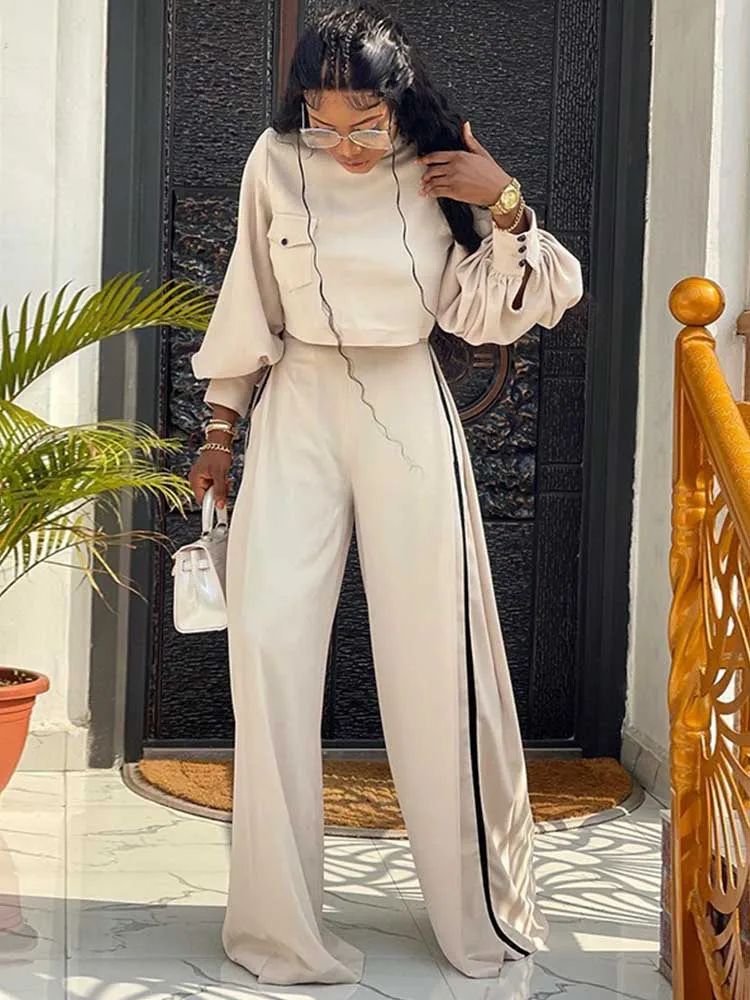 Elegant Women\'s Sets Two Pieces Solid Color Set Autumn Spring Piece Long Sleeve Loose Blouse and Pants Female Suit Bourgeois