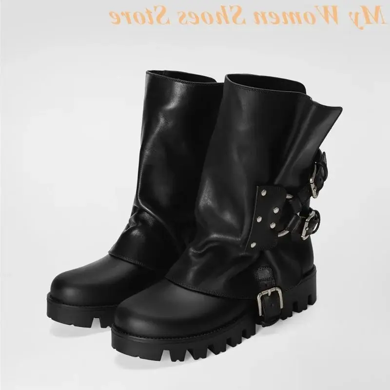Thick Sole Studded Motorcycle Boots British Retro Belt Buckle Mid-Calf Design Round Toe Block Heel Black Leather Newest