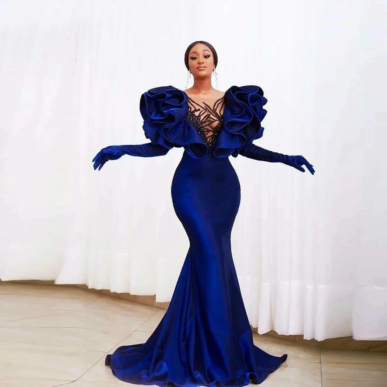 

New Women's Royal Blue Elegant Mermaid Evening Dresses Handmade Ruffled Ball DRESS Customized Gowns Can Be Sized Plus