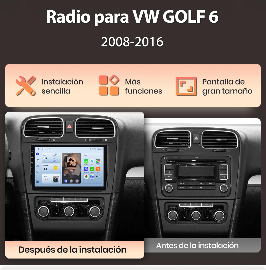 Junsun Radio Voz AI para Volkswagen Golf 6 2008–2016 CarPlay inal Diversbrico Android Auto Autoradio 2 DIN mit Bluetooth DAB+ GPS RDS – Detail 2