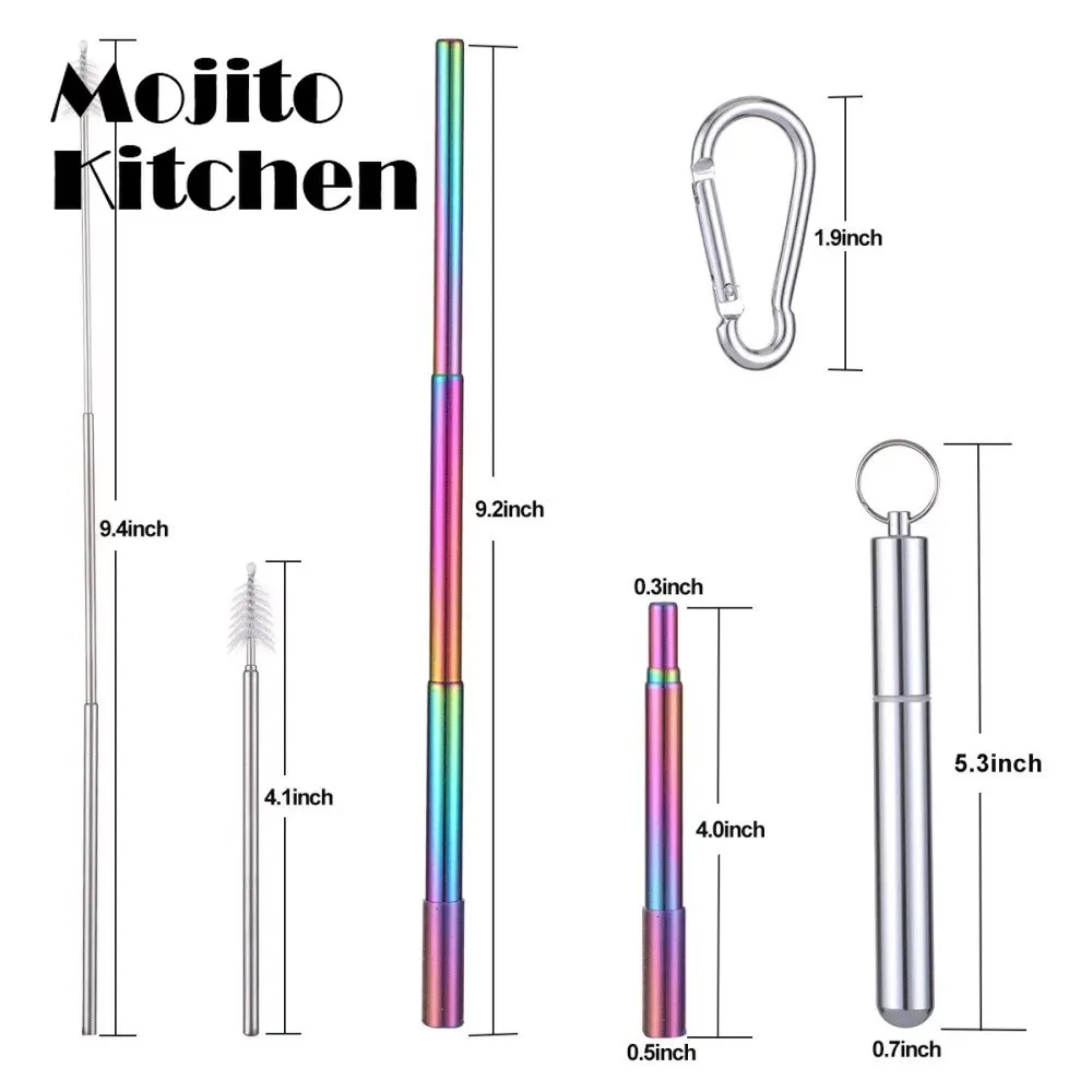 Reusable Stainless Steel Straws with Aluminum Keychain Case Cleaning Brush Collapsible Telescopic Portable Drinking