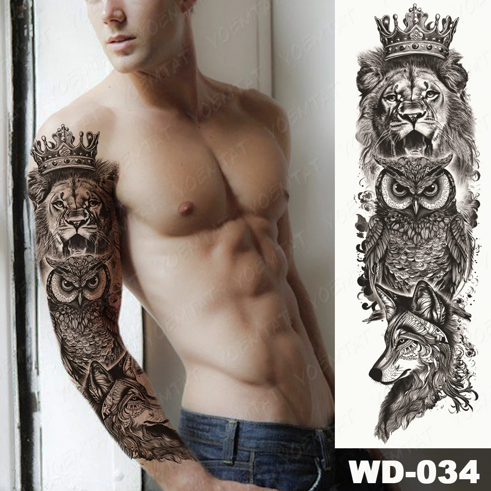 Grand bras manches tatouage Lion couronne roi Rose imperméable temporaire Tatoo autocollant loup sauvage tigre hommes plein crâne Totem faux tatouage