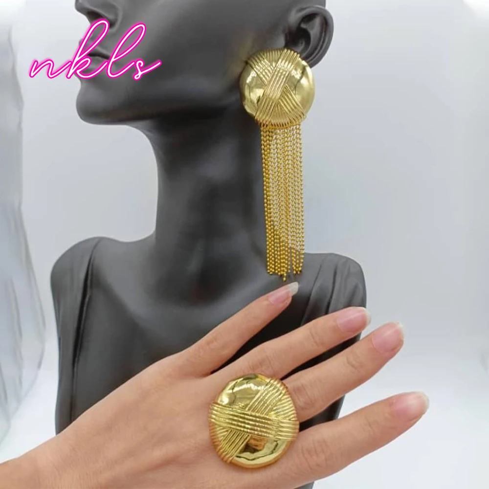 

Dubai 18K Gold Color Trendy Tassel Earrings Ring Set for Women Fashion Classic Earrings Jewelry Alloy Metal Jewelry Accessory