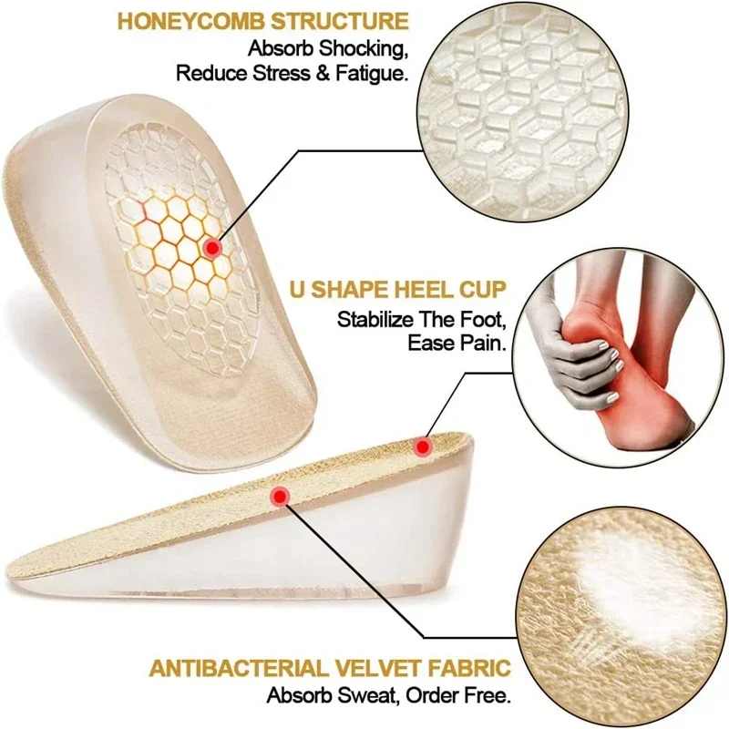 Gel Silicone Height Increase Insole Invisible Heel Lift Inserts Elastic Pads for Men & Women Shoe Foot Care Protector Cushion