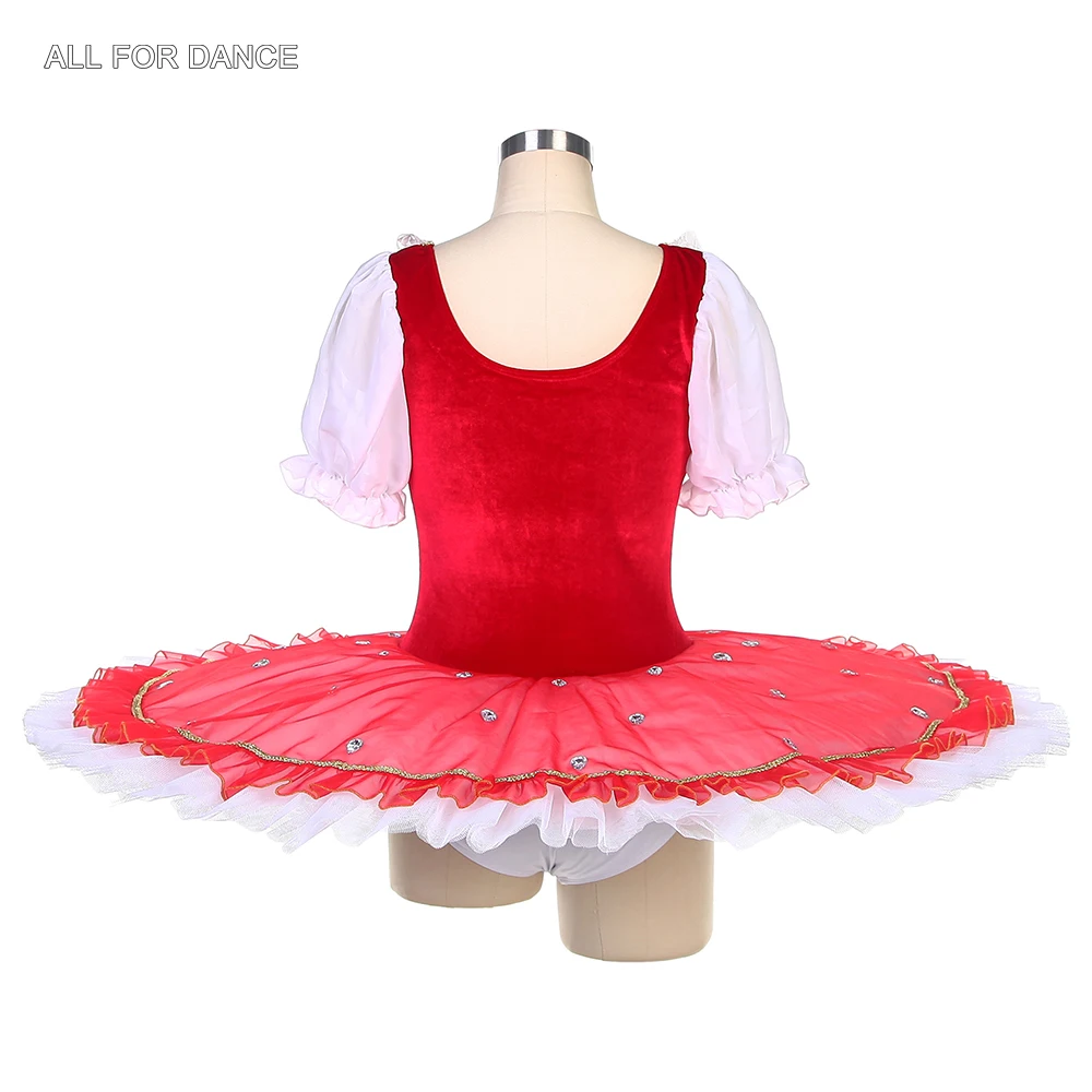 BLL401 Short Sleeve Ballet Pancake Tutu Stretch Red Velvet Bodice with 7 Layers Pleated Tutu Skirt Pre-Professional Ballet Tutus