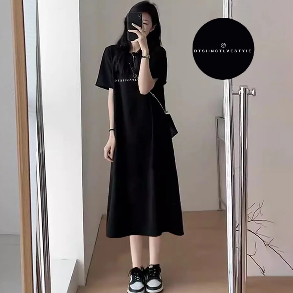 Casual Lazy Style Fashion T-shirt Dress Summer New Loose plus Size Slimming Short Sleeve Slit Mid-length Skirt Polyester Fabric