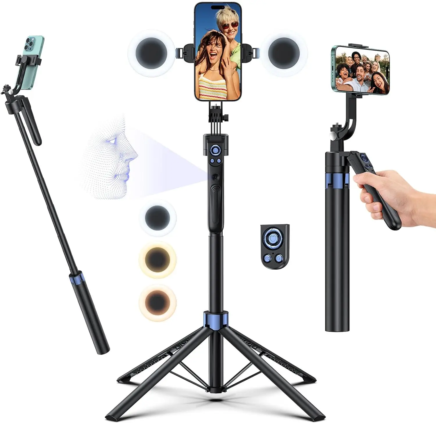 

Smart Face Tracking Tripod Selfie Stick with LED Light, 360° Rotating 70" Phone Camera Stand with Bluetooth Remote, Per