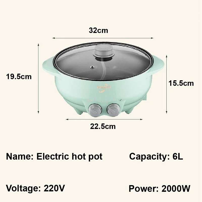 6l Yuanyang Elektrische Hete Pot Huis Multifunctionele Alles-In-Één Elektrische Kookpot Elektrische Kookpot Antiaanbakgrillpan 2000W