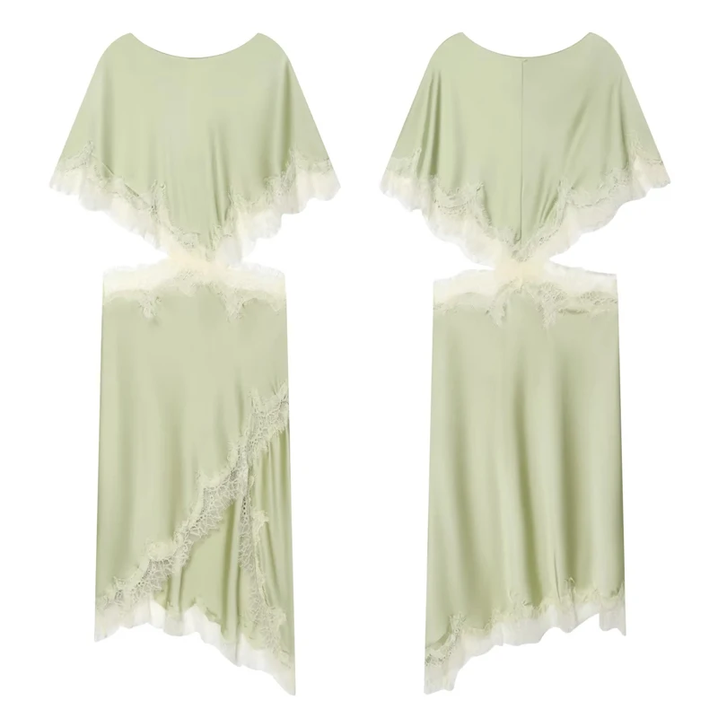 HXAO Green Lace Satin Dresses For Woman Summer Short-Sleeved Asymmetric Midi Dress 2026 Ladies Elegant Coquette Party Dresses view 6