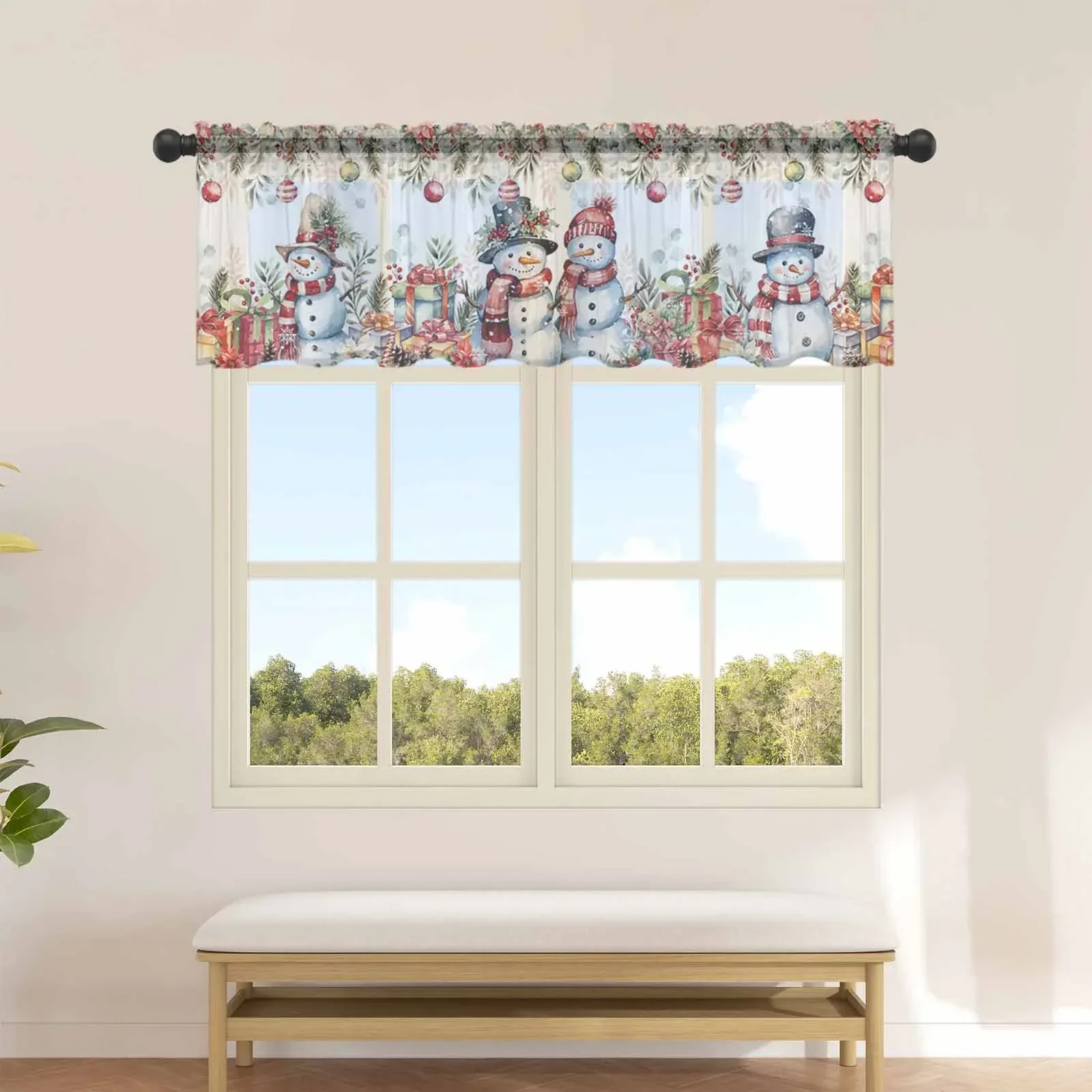 Christmas Poinsettia Berry Eucalyptus Gift Pine Cones Kitchen Curtains Tulle Sheer Short Curtain Living Room Decor Voile Drapes