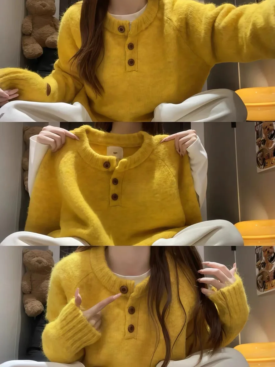 

Yellow Thiened Loose Women's Knitted Sweater Autumn Winter Warm Fluffy Soft Nouriing Outerwear Base Layer Top