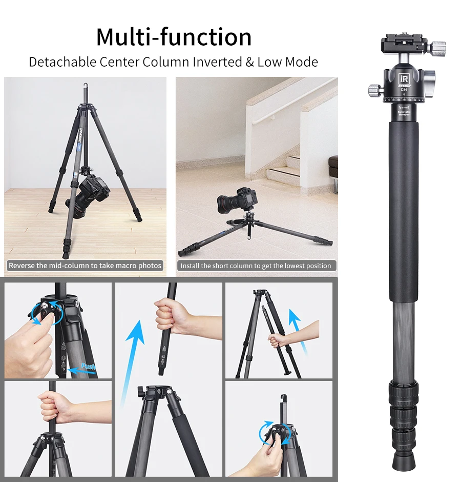 Kohlefaser-Stativ-INNOREL P254C Tragbares, kompaktes, leichtes Reisestativ und Einbeinstativ für digitale DSLR-Kameraständer, Belastung 12 kg – Detail 6