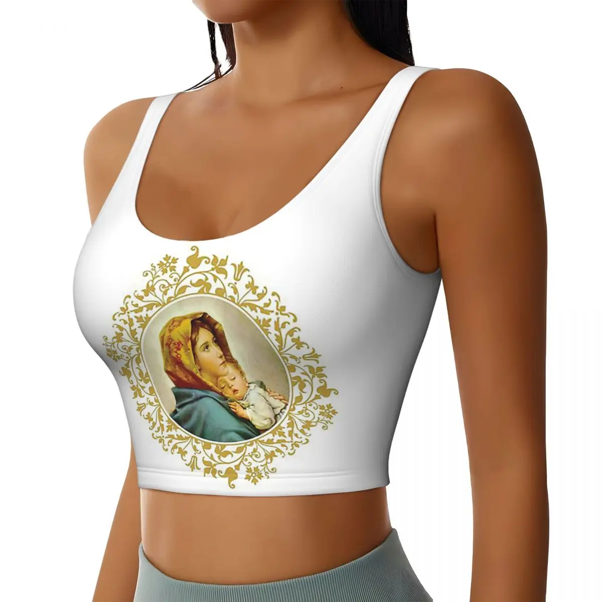 Virgen María personalizada con Jesús Niño Mujeres Sujetadores deportivos Chaleco de alto impacto Gimnasio Entrenamiento Yoga Camisetas sin mangas cortas