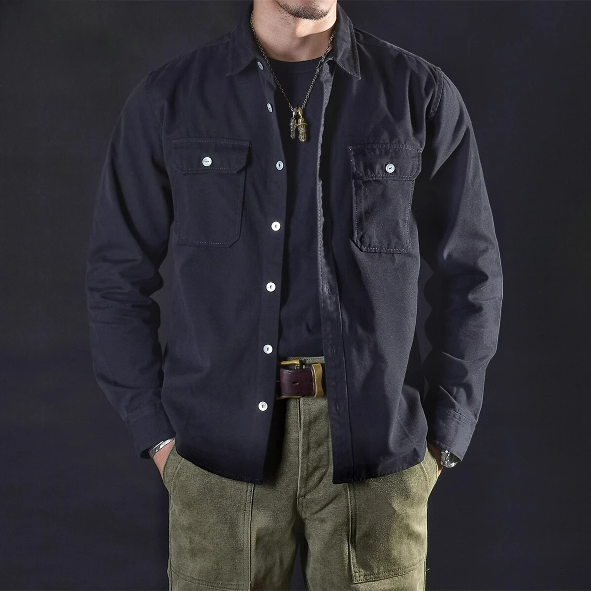 

May Kaji American retro heavy washing water solid color canvas tooling casual shirt
