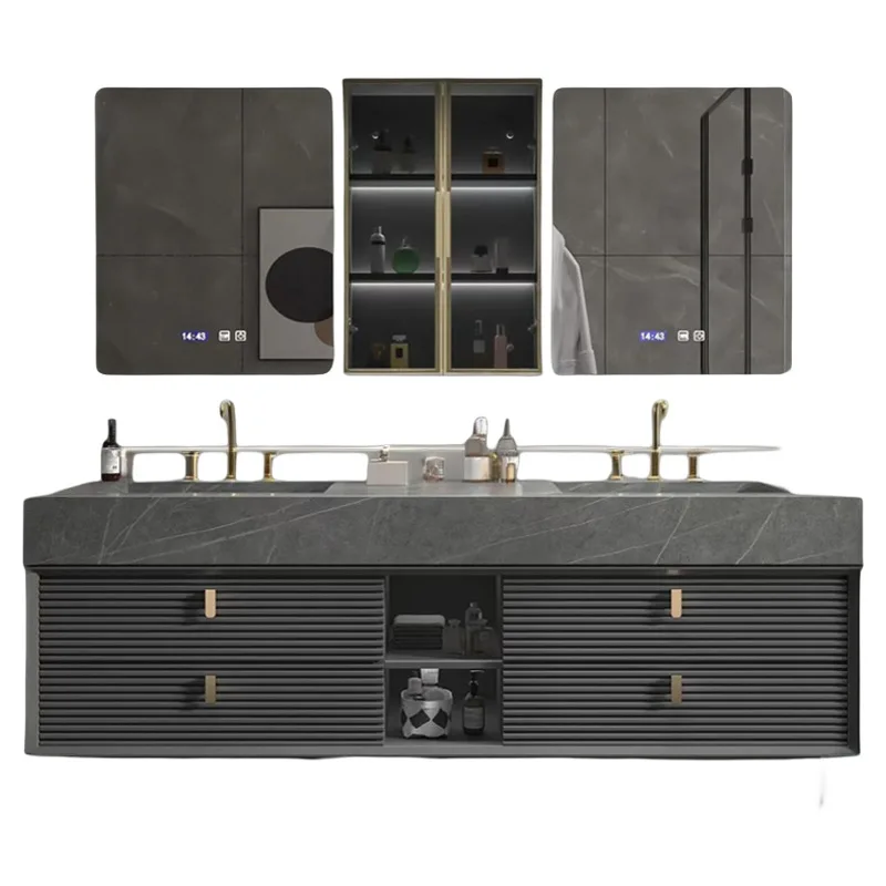 

Modern Light Luxury Bathroom Cabinet Double Basin Integrated Slate Washstand Lacquered Door Panel