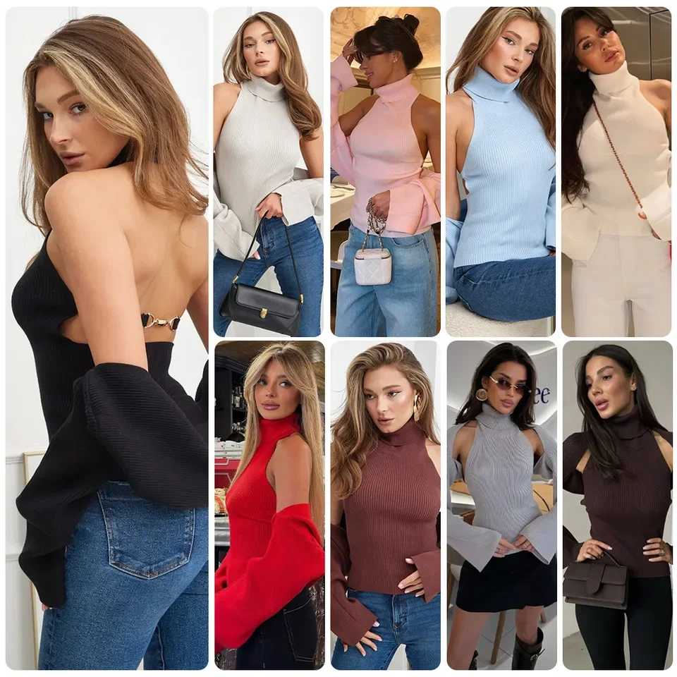 

2026 New Women Fashion Design Off Shoulder Knit Set High Neck Halter Camisole Flared Sleeve Shawl Two Piece