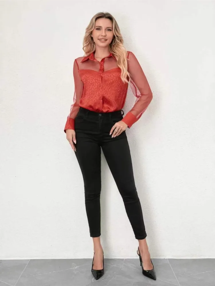 

Casual Loose Shirts For Women Summer 2026 Fashion Long Sleeve Turn-down Collar Red Mesh Blouse And Tops Elegant