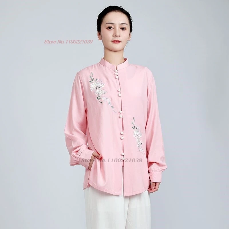 

2024 chinese kung fu tai chi martial arts set cotton linen taiji wushu wing chun flower embroidery uniform stage performance