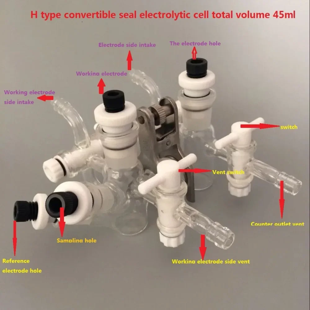 

Custom-made h-type removable membrane microseal electrolytic cell with three-way inlet 30ml H type electrolytic cell