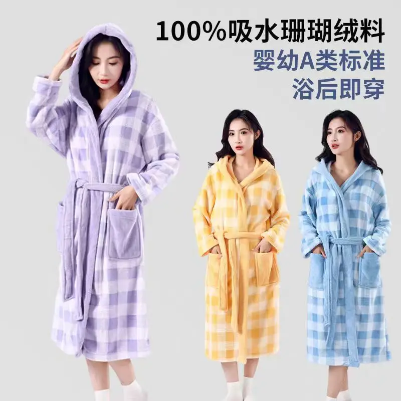 2026 Women Plush Fleece Robe Long Hooded Loungewear
