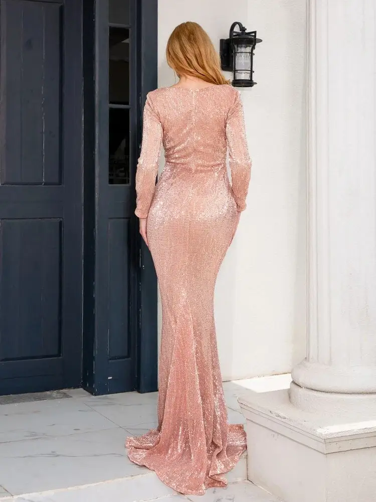 Shiny Green Sequin Long Sleeve Evening Party Dress Square Neck Stretch Mermaid Bodycon Rose Gold Prom Gown Wedding Banquet Women