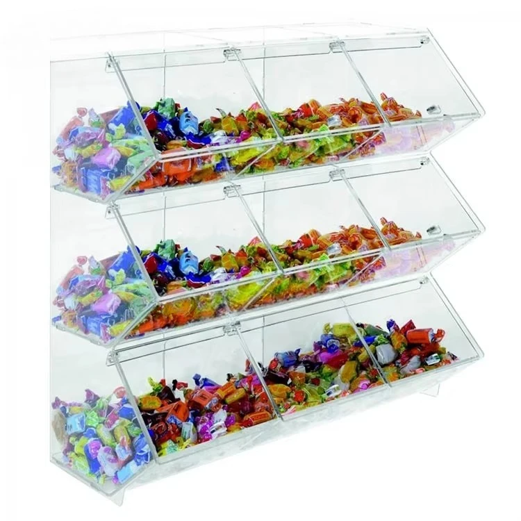 Transparent acrylic box on top of retail store counter, acrylic bulk food bucket sweet storage rack stackable candy display rack