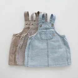 2024 Summer New Baby Girl Sleeveless Denim Dress Solid Infant Strap Dress Fashion Toddler Girls Casual Pocket Dress Baby Clothes