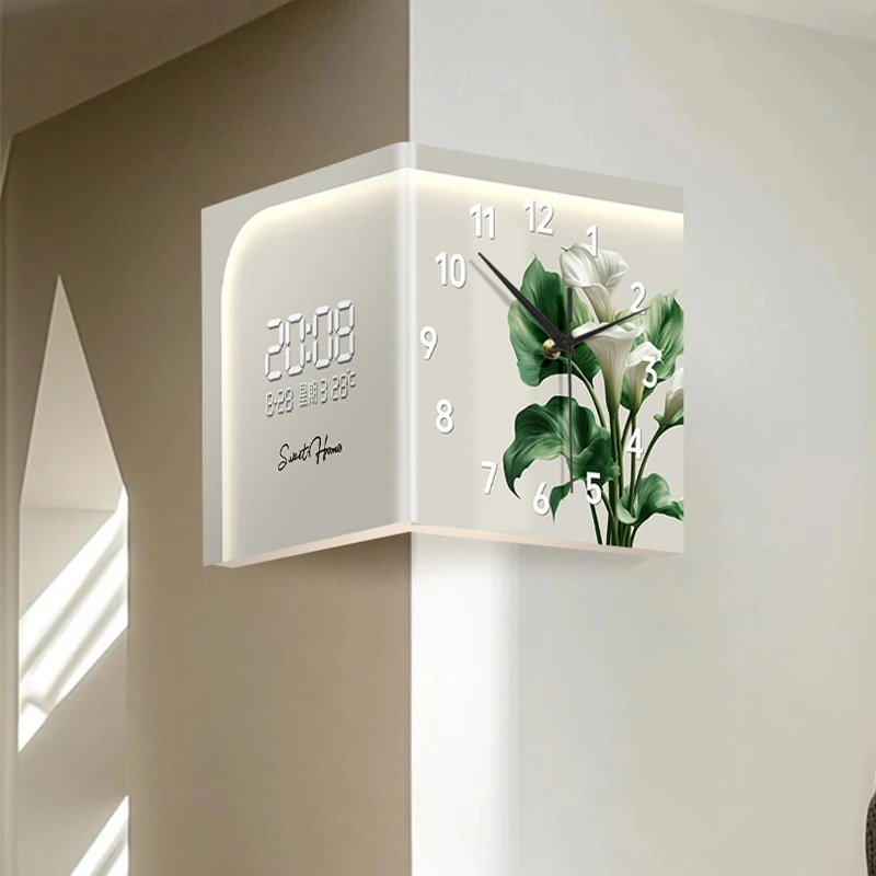 Double-sided corner wall clock with pointer style featuring flower and green plant patterns made of acrylic and with a silent op