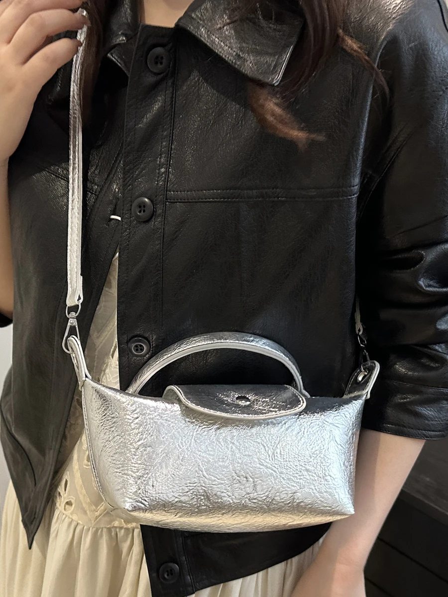 

Faionable Street Sle Dumpling aped Women's Bag Laser Texture Mobile Phone Bag oulder Crossbody Small Bag for Summer