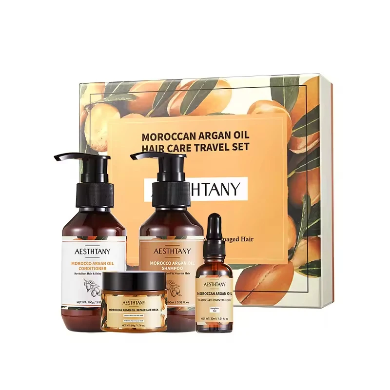Set de Cuidado Capilar con Aceite de Argán Marroquí - Kit de Viaje 4 en 1 para Cabello Dañado, Reparación y Brillo, Incluye Champú, Acondicionador, Mascarilla y Aceite