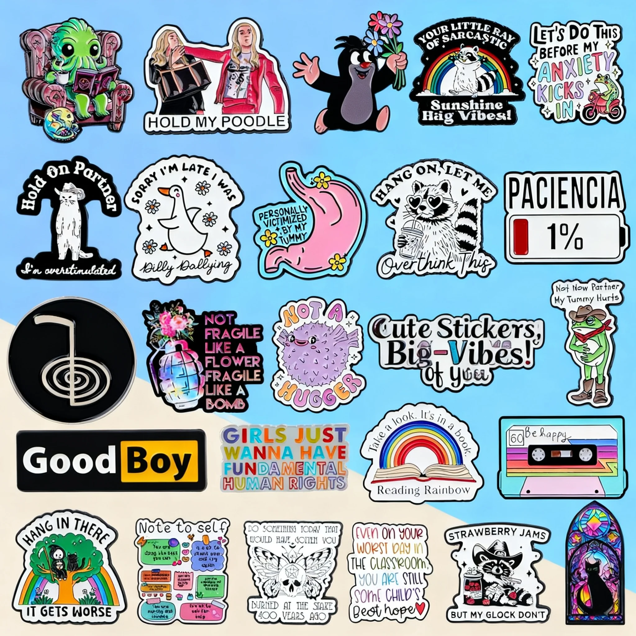 

Cartoon Cat Enamel Pin Cute Raccoon Brooch Spanish Quotes Badge Backpack Hat Lapel Pin Cosplay Accessory Toy Gift for Kids