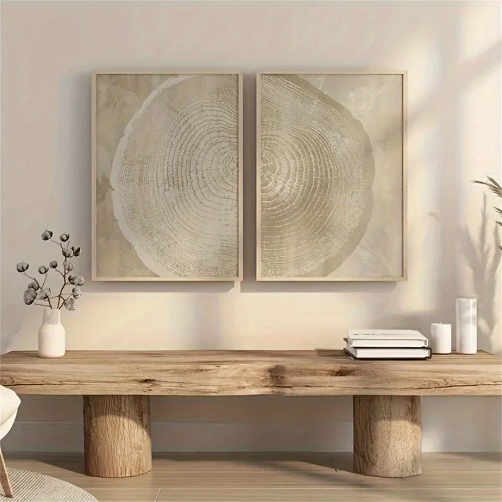 Multiple sizes 2pcs frameless Canvas PaintingIndia,2pcs Abstract Tree Ring Beige Art Decor Poster Vintage Tree Stump Unframed Ca