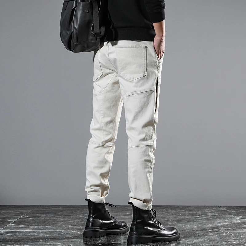 

JXNS89 Europe and the United States splicing white casual jeans men's trend personality gangster handsome zip decoration Slim