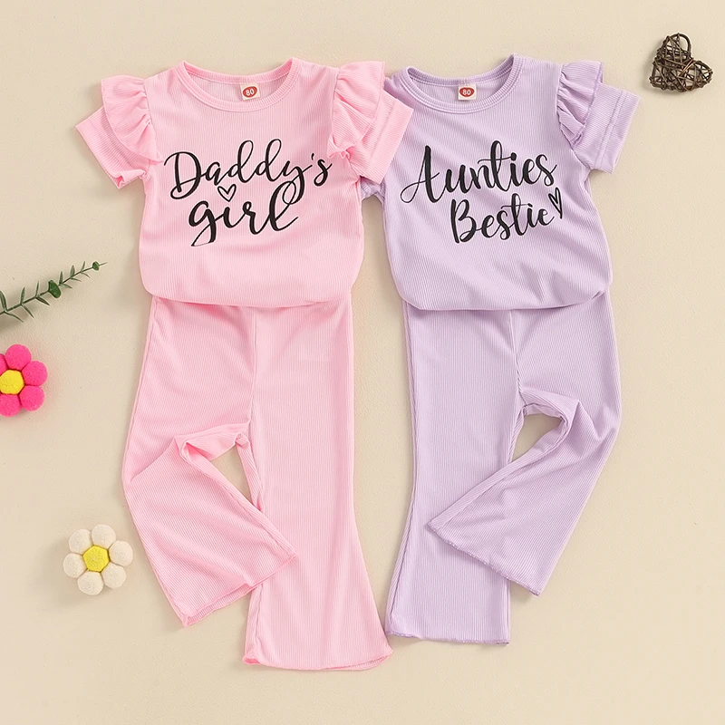 

2024-03-07 Lioraitiin Kid Baby Girl Summer Outfits Letter Print Short Sleeve T-Shirt and Elastic Flare Pants Cute Clothes