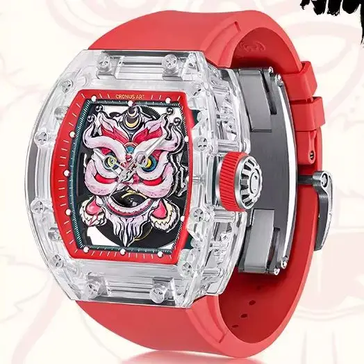 CRONUSART Men Automatic Watch Tonneau Mechanical Wristwatch Sapphire Case & Mirror Luminous FKM Strap Skeleton ‌Lion Dance Dial