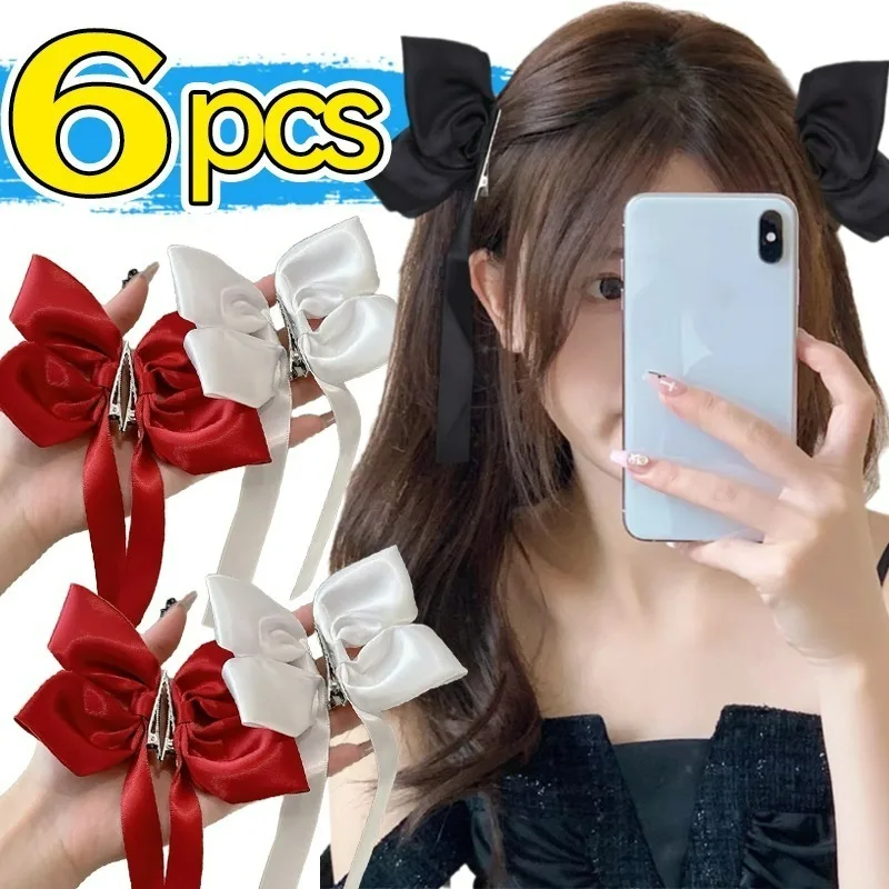 2/6 pçs fita longa bowknot grampos de cabelo feminino lado doce duplo grampos franja lado grampos de cabelo meninas pato bill clipes headwear