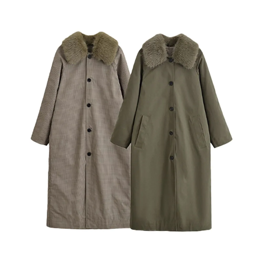 

Зимняя новая женская модная двусторонняя длинная ветровка с меховым воротником