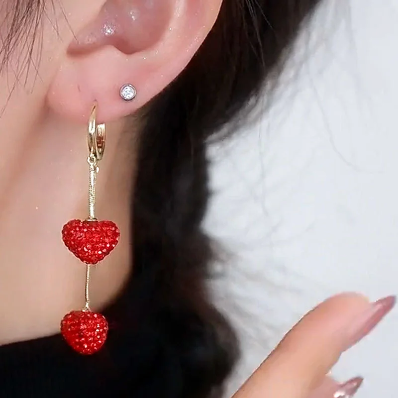 Delicate Red Heart Sweet Cute Personality Rhinestone Earrings Women\'s Daily Party Gift Fashion Jewelry