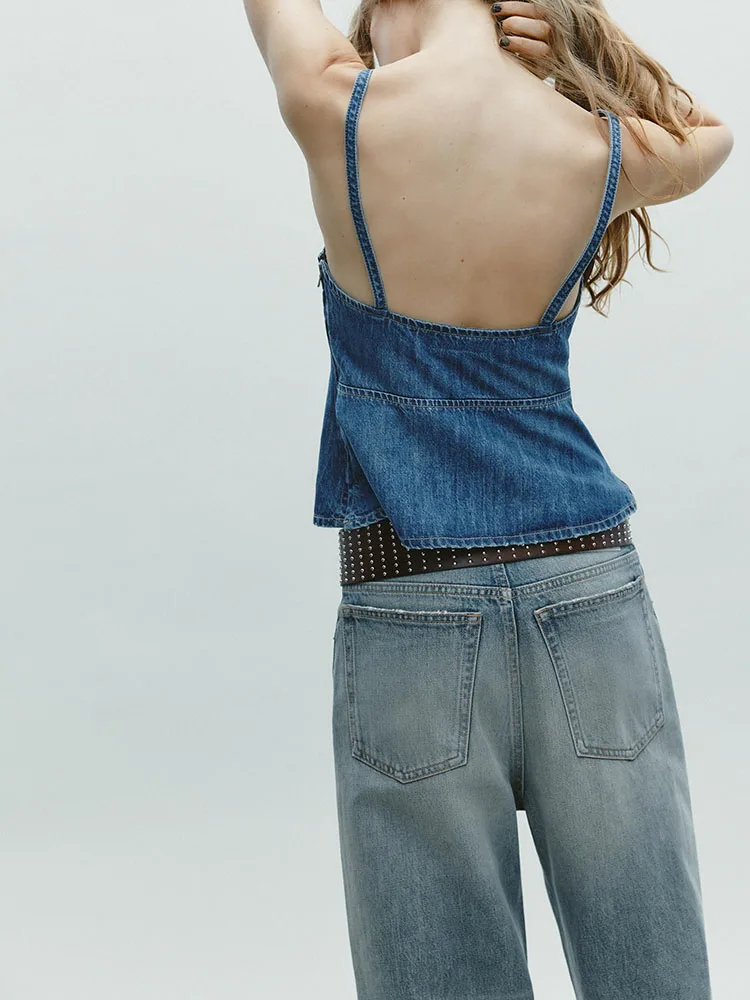 봄 신상 여성 섹시하고 다재다능한 얇은 스트랩 스트레이트 칼라 백리스 데님 탑 출퇴근 스타일 솔리드 컬러 싱글 피스