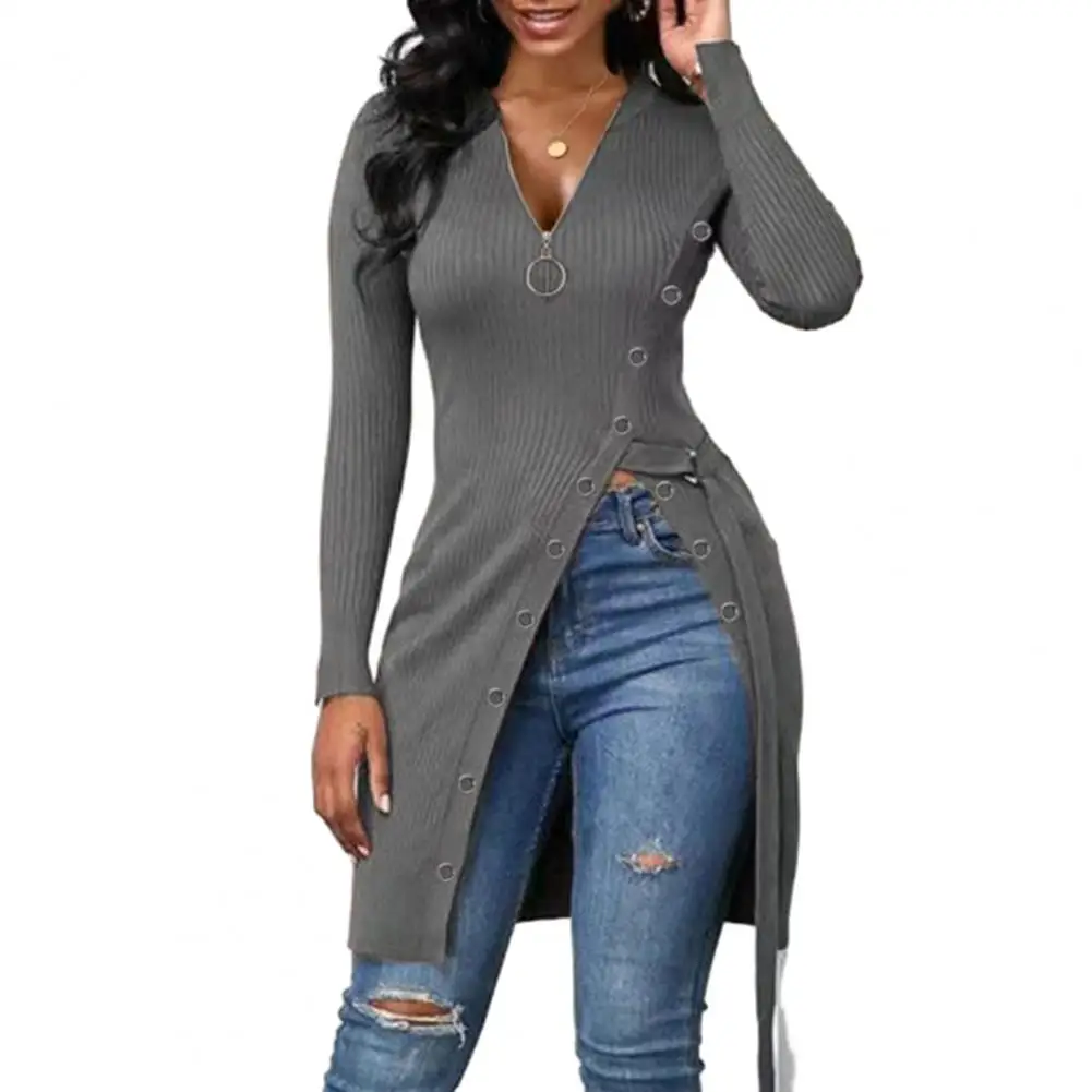 Elegant Women Sweater Top Zipper High Split Hem Mid Length Blouse Lace Up Waist Strap Jumper Long Pullover Sweater