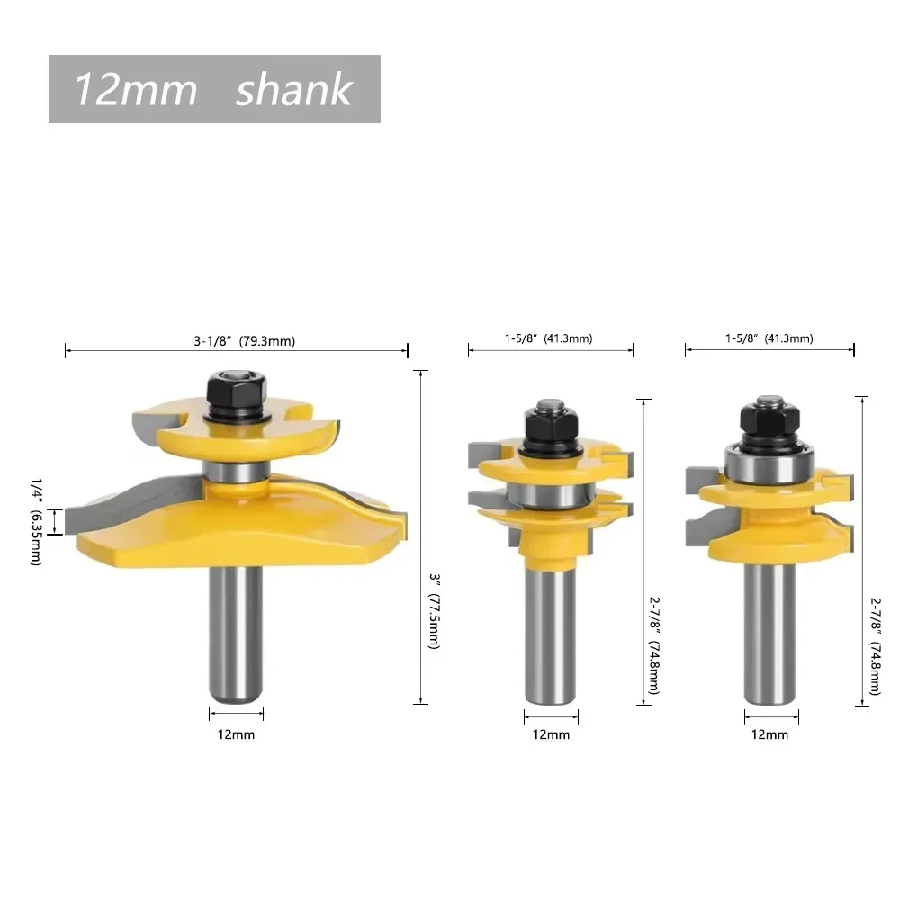 3PC 1/2" 12.7MM 12MM 생크 밀링 커터 목공 조각 오지 레일 & 스타일 백커터 라우터 비트 패널 라이저 목재 세트 테논 비트