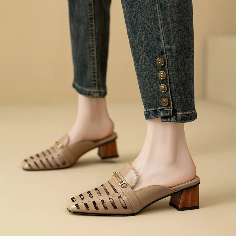 Women's New Leather, Cowhide, Metal Accessories, Mid Heel, Large Toe, Mueller Slippers, Breathable Perforated Shoes