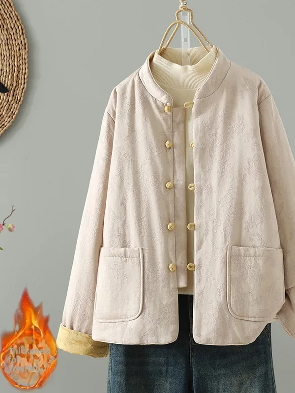 

Retro Button Cotton Jaet Thiened Stand Collar Windproof Warm Women's Winter Coat Large Size Chinese Sle Cotton Outerwear