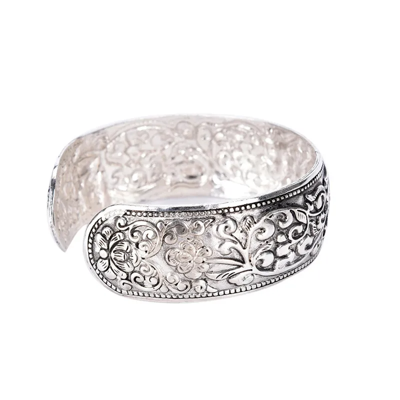 New Tibetan Silver Totem Bangle Carved Lucky Flower Bangle Cuff Bracelet