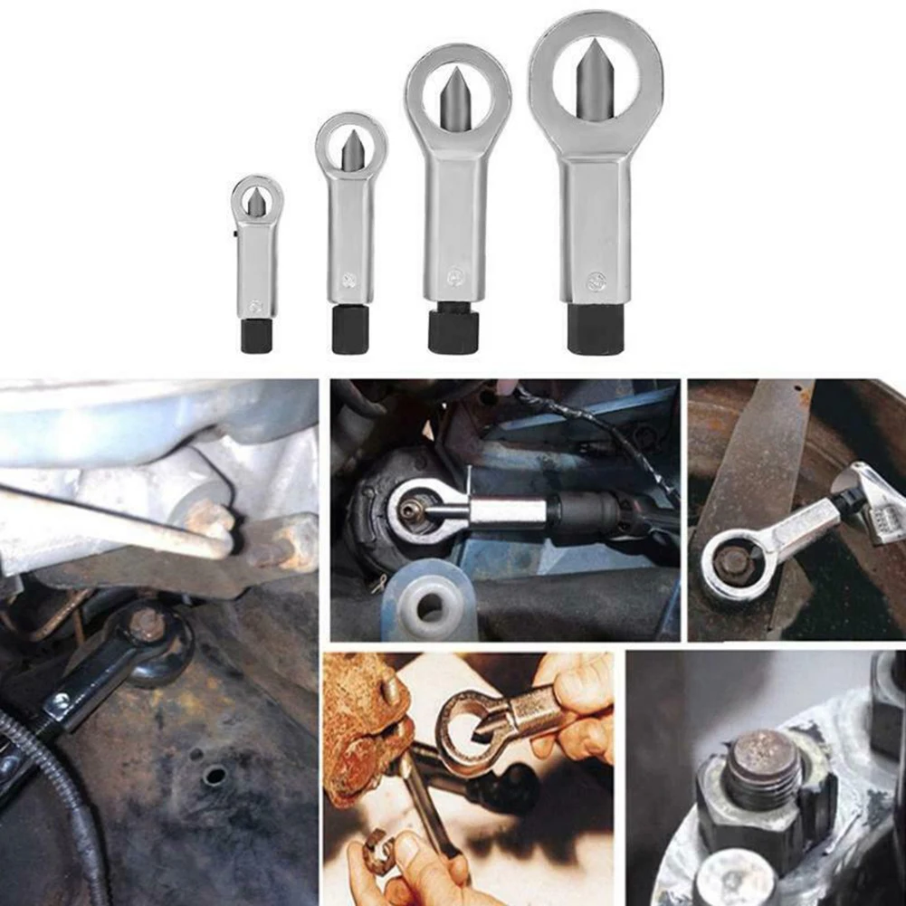 Nut Extractor Set 4pcs Constructed from Solid Metal for Reliable Performance on Stuck Nuts Up to 27mm Diameter