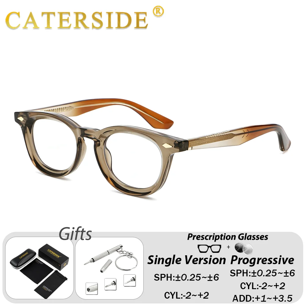 CATERSIDE Men Classic Optical Glasses Round Propionate Pin Temple Custom Prescription Glasses Women Daily Practical Eyewear