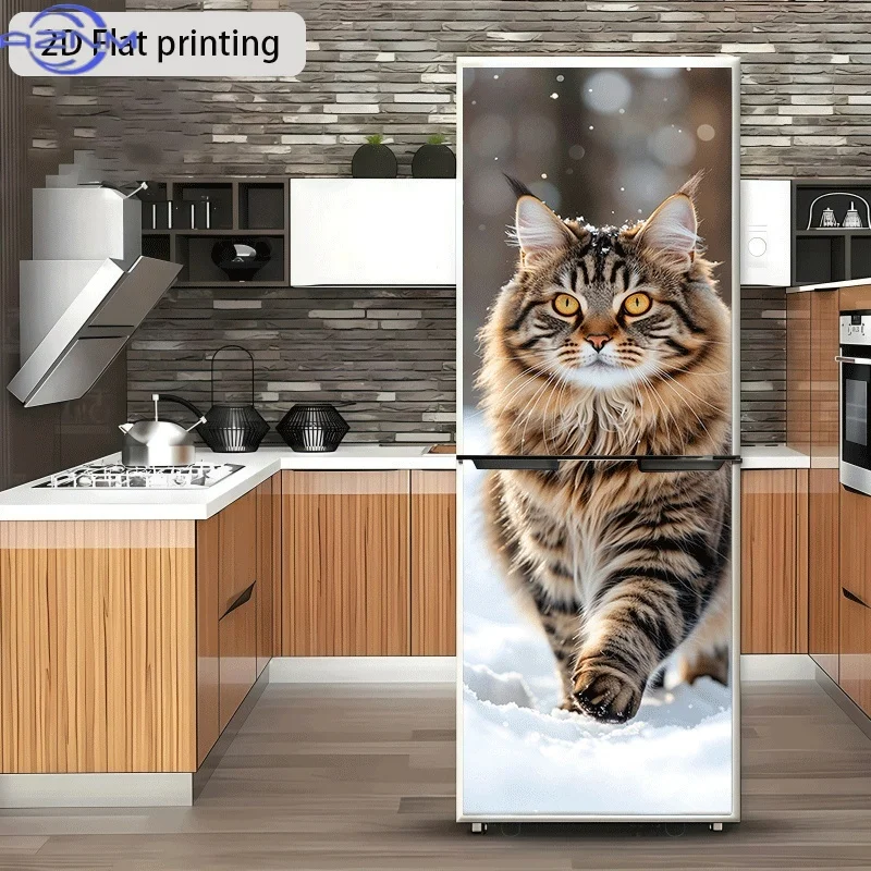 Refrigerator Sticker Snowy Cute Cat Walking Theme Design Wall Sticker Decorative Wallpaper Self-Adhesive Suitable for Cabinets