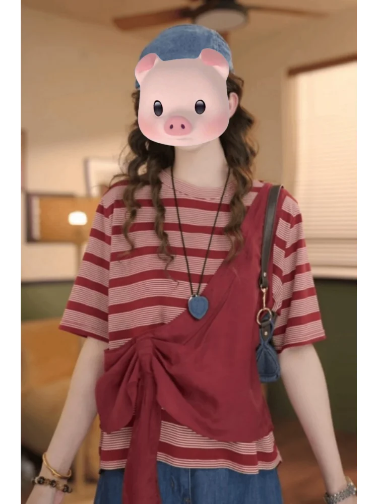 

Новый женский повседневный свободный топ в стиле «фальш-двойка» с полосатым цветным принтом, весенняя модная новинка, стиль «хонконгский шик»